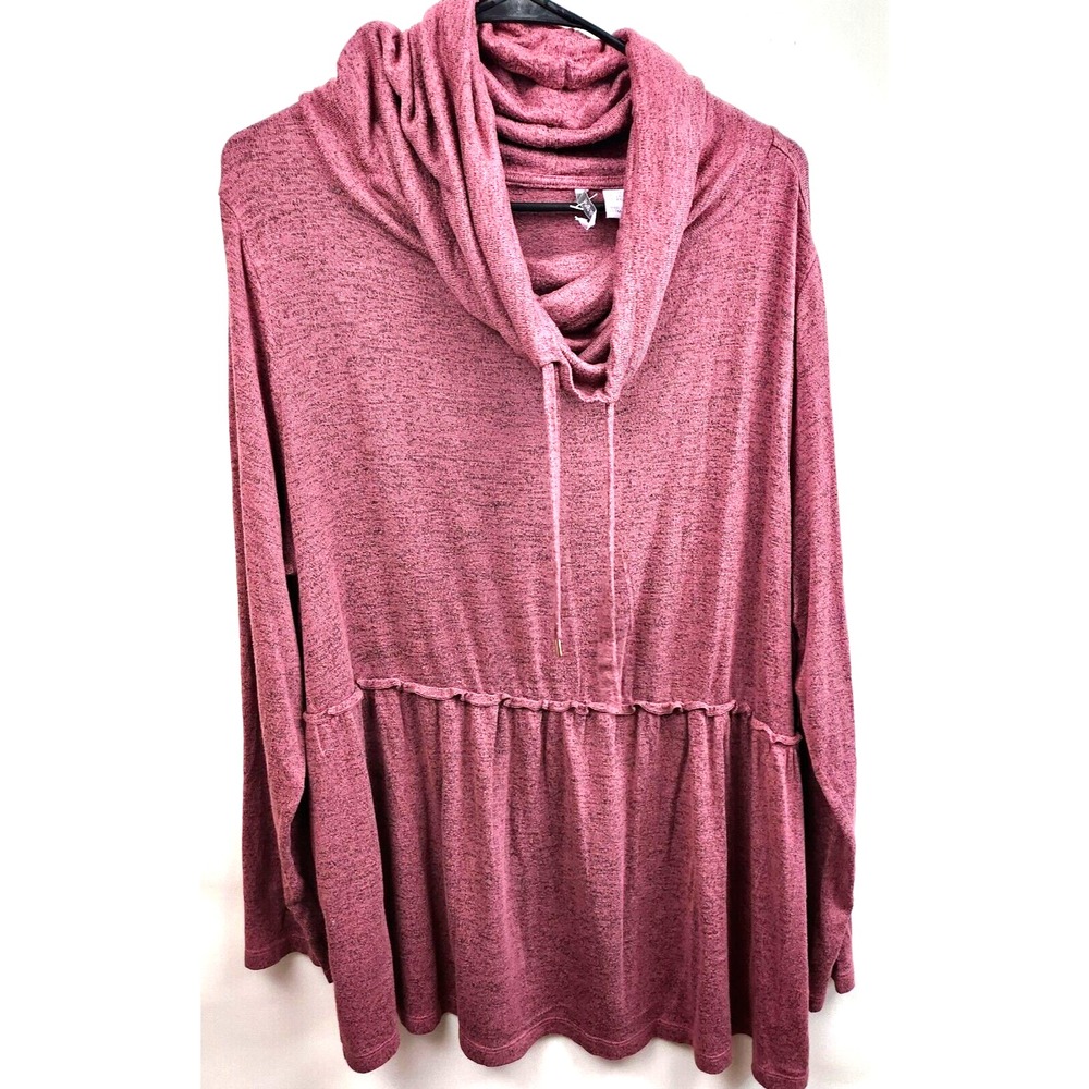 AnyBody Womens Tunic Top Size 1X Mahogany Peplum Soft Knit Cowl Neck Pullover